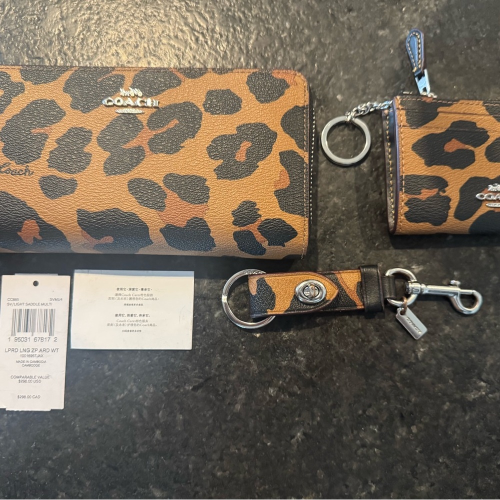 Coach saddle leopard long zip wallet, ID coin card case and keychain